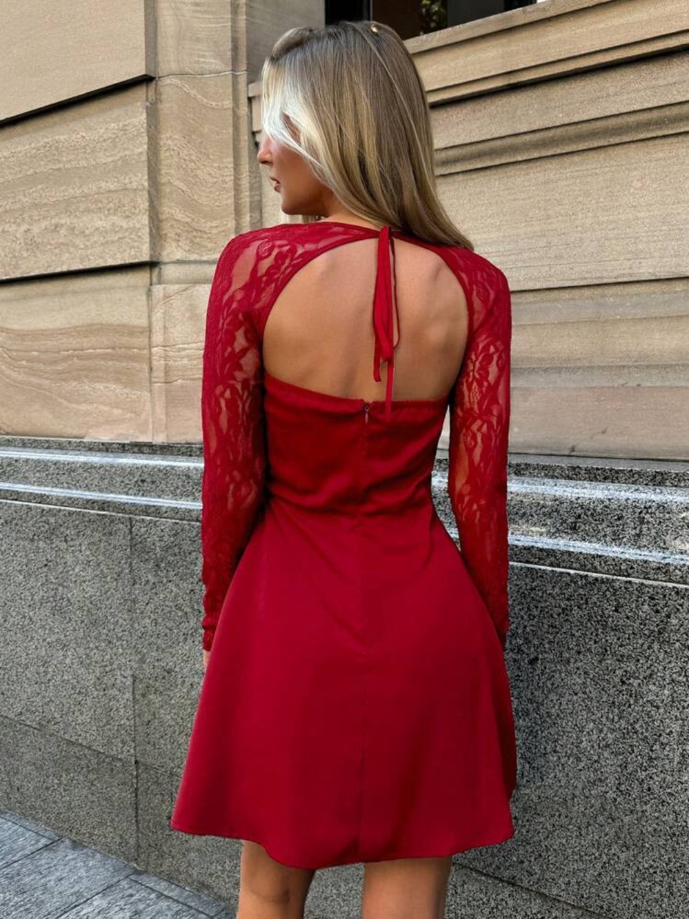 SHEIN Red Lace-Sleeve Sweetheart Mini Dress - Picture 3 of 7